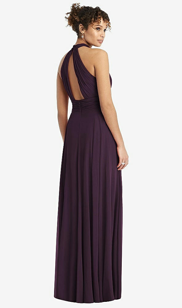 Back View - Aubergine High-Neck Open-Back Shirred Halter Maxi Dress