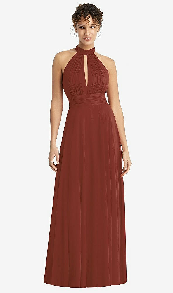 Front View - Auburn Moon High-Neck Open-Back Shirred Halter Maxi Dress