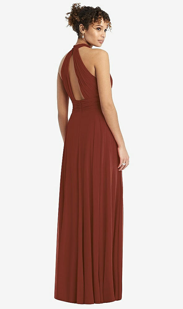 Back View - Auburn Moon High-Neck Open-Back Shirred Halter Maxi Dress