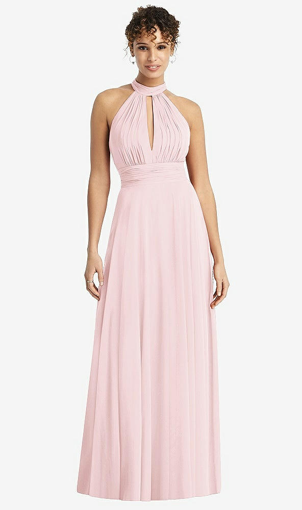 Front View - Ballet Pink High-Neck Open-Back Shirred Halter Maxi Dress