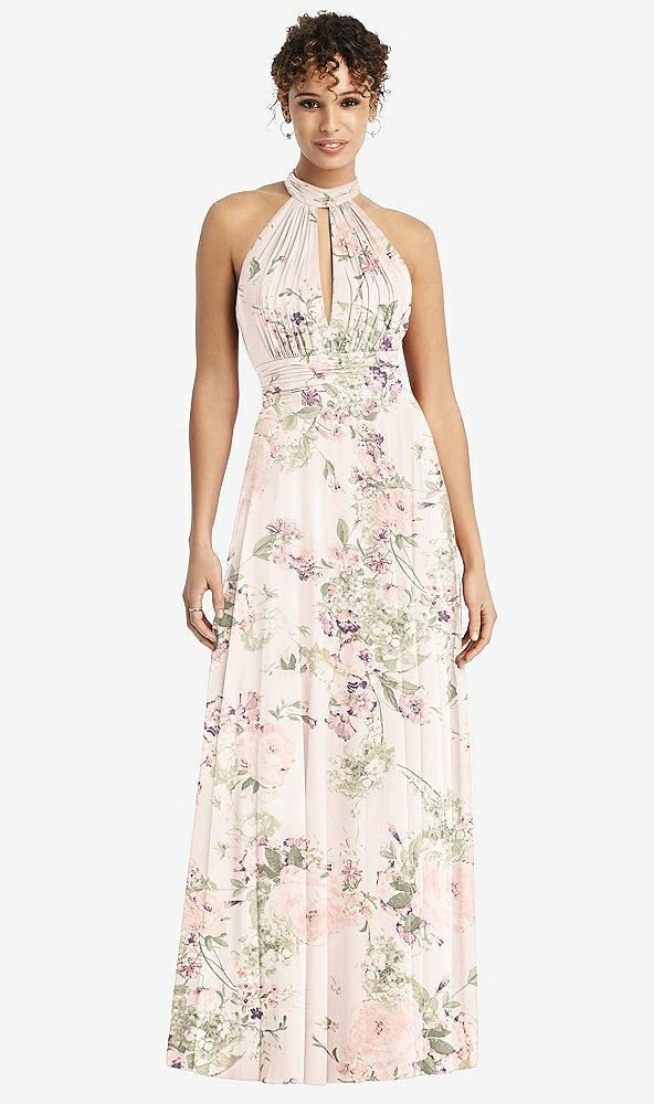 Front View - Blush Garden High-Neck Open-Back Shirred Halter Maxi Dress