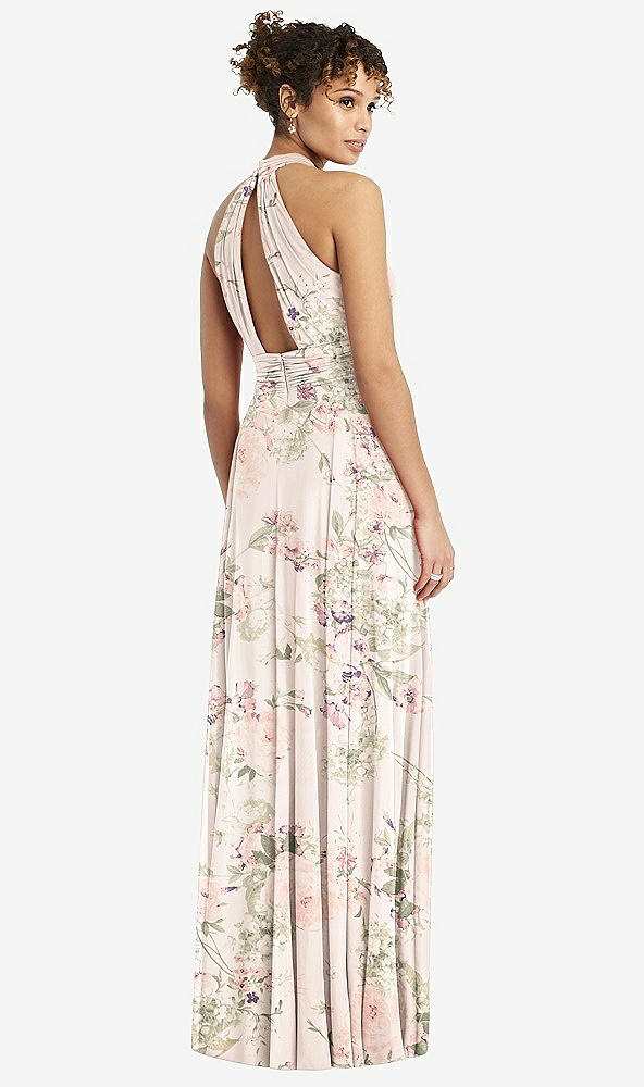 Back View - Blush Garden High-Neck Open-Back Shirred Halter Maxi Dress