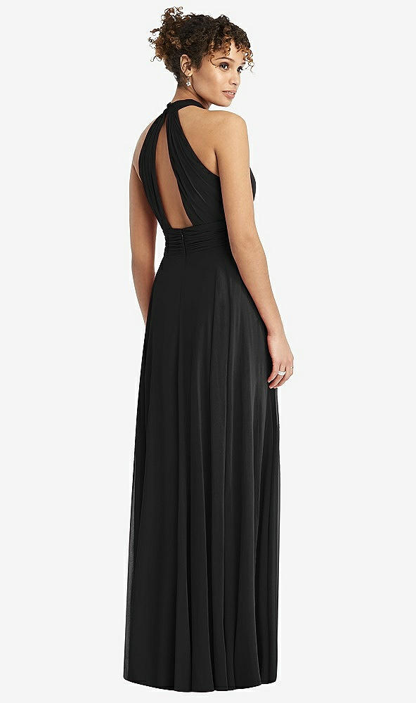 Back View - Black High-Neck Open-Back Shirred Halter Maxi Dress