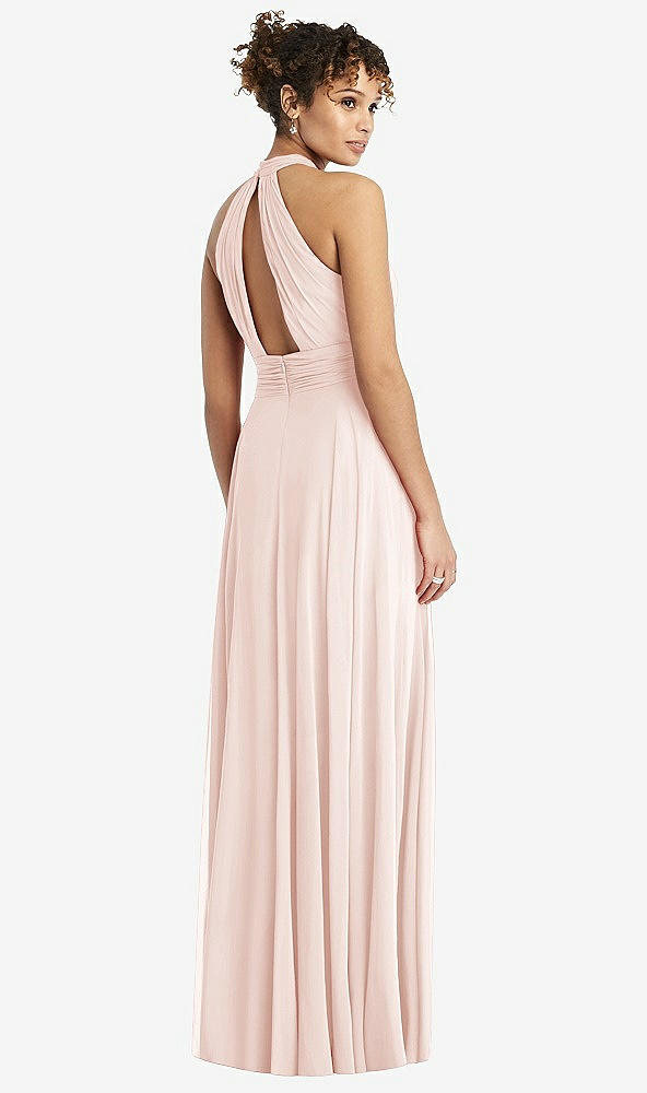 Back View - Blush High-Neck Open-Back Shirred Halter Maxi Dress