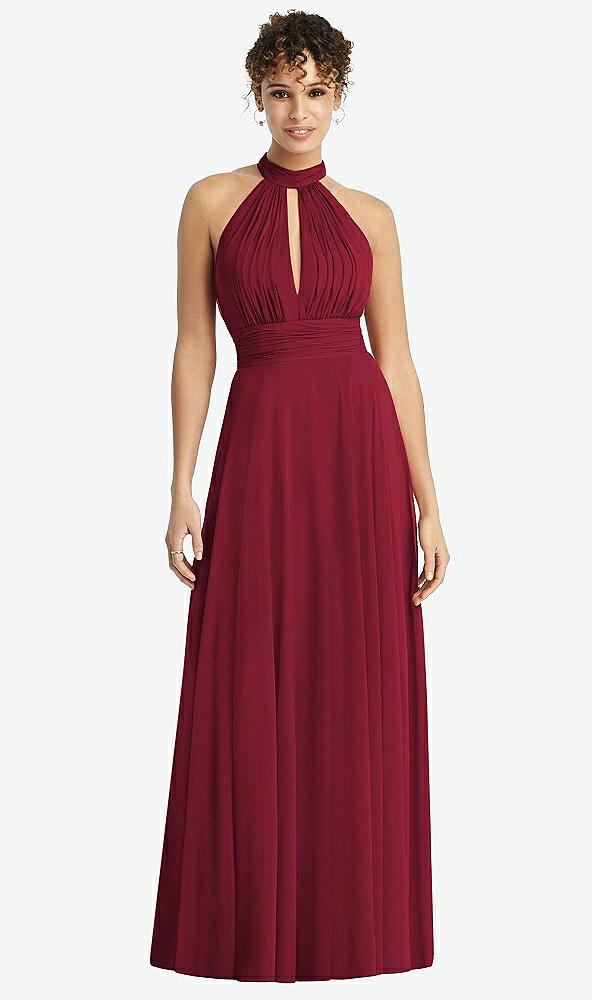 Front View - Burgundy High-Neck Open-Back Shirred Halter Maxi Dress