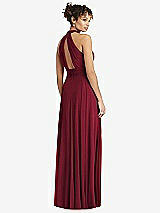 Rear View Thumbnail - Burgundy High-Neck Open-Back Shirred Halter Maxi Dress