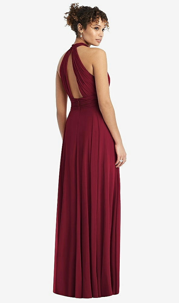 Back View - Burgundy High-Neck Open-Back Shirred Halter Maxi Dress