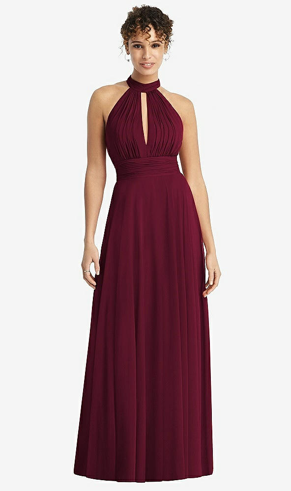 Front View - Cabernet High-Neck Open-Back Shirred Halter Maxi Dress