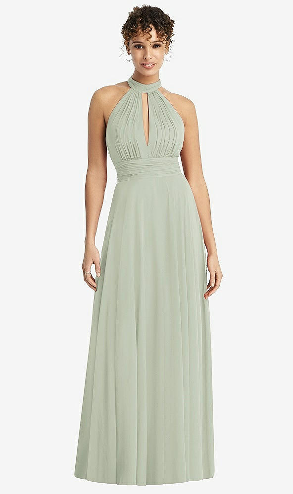 Front View - Celadon High-Neck Open-Back Shirred Halter Maxi Dress