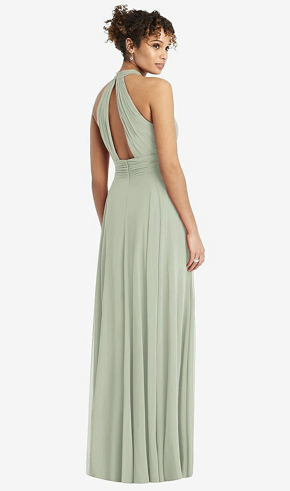 Back View - Celadon High-Neck Open-Back Shirred Halter Maxi Dress