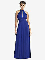 Front View Thumbnail - Cobalt Blue High-Neck Open-Back Shirred Halter Maxi Dress