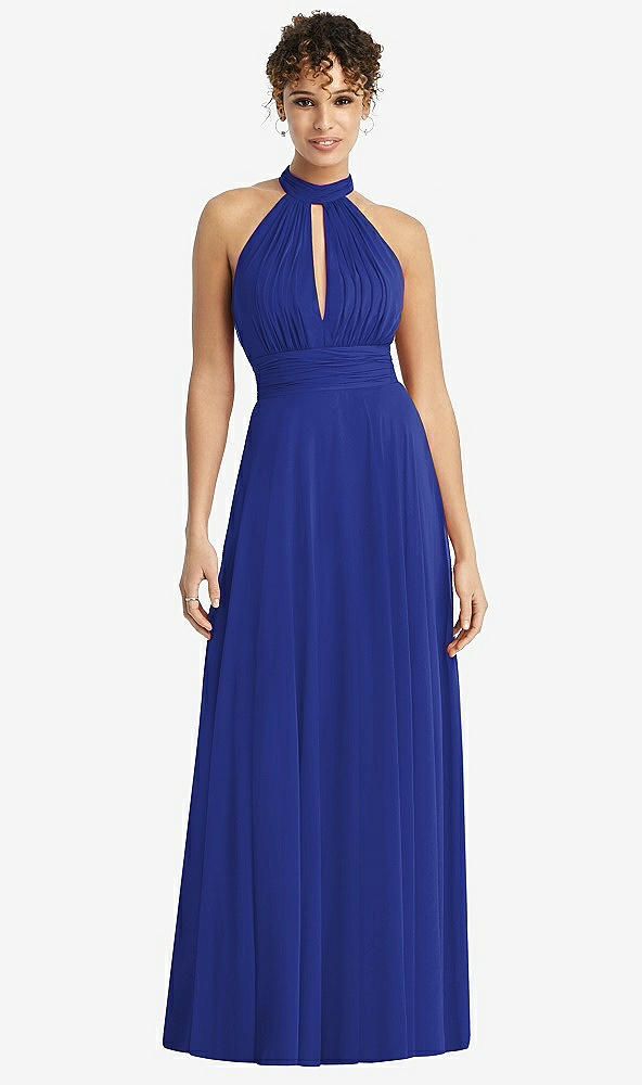 Front View - Cobalt Blue High-Neck Open-Back Shirred Halter Maxi Dress