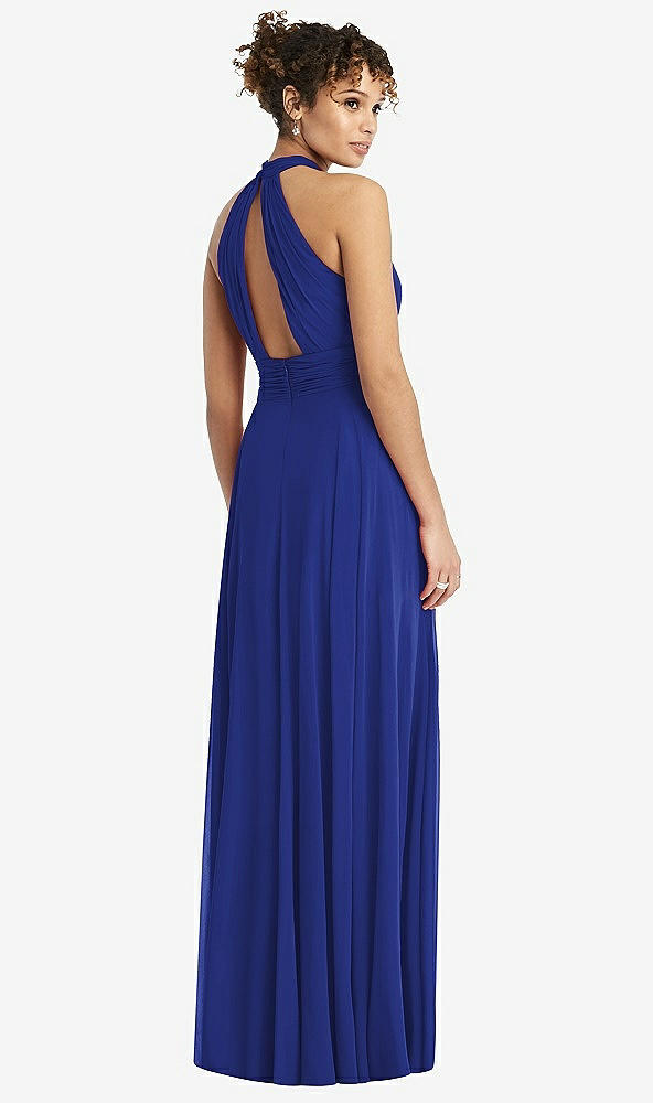 Back View - Cobalt Blue High-Neck Open-Back Shirred Halter Maxi Dress