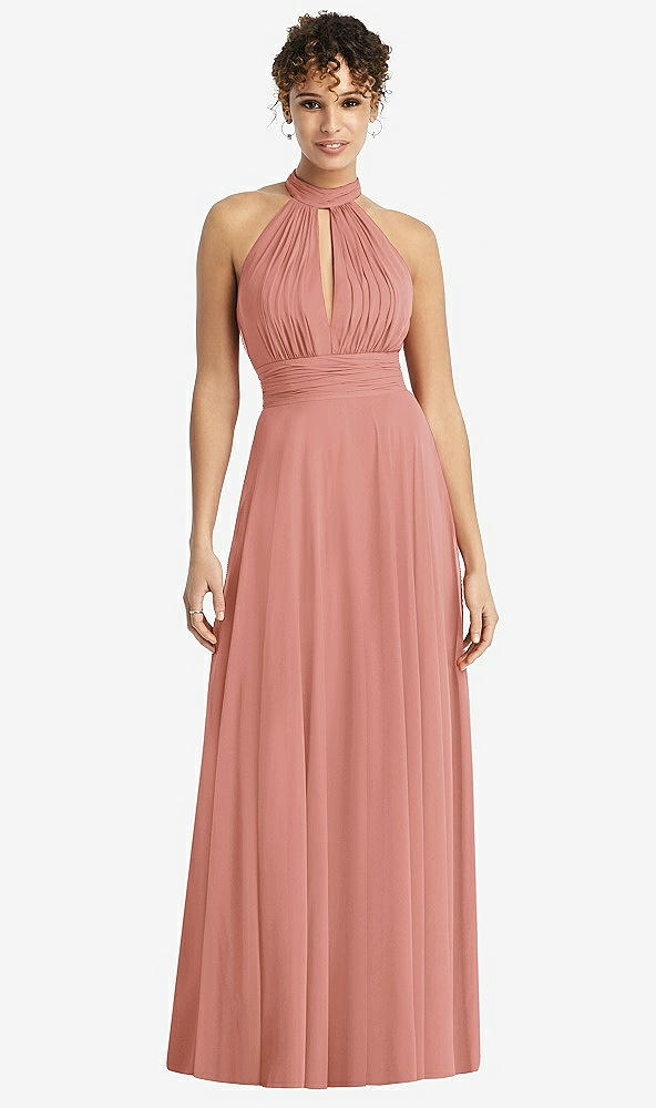 Front View - Desert Rose High-Neck Open-Back Shirred Halter Maxi Dress