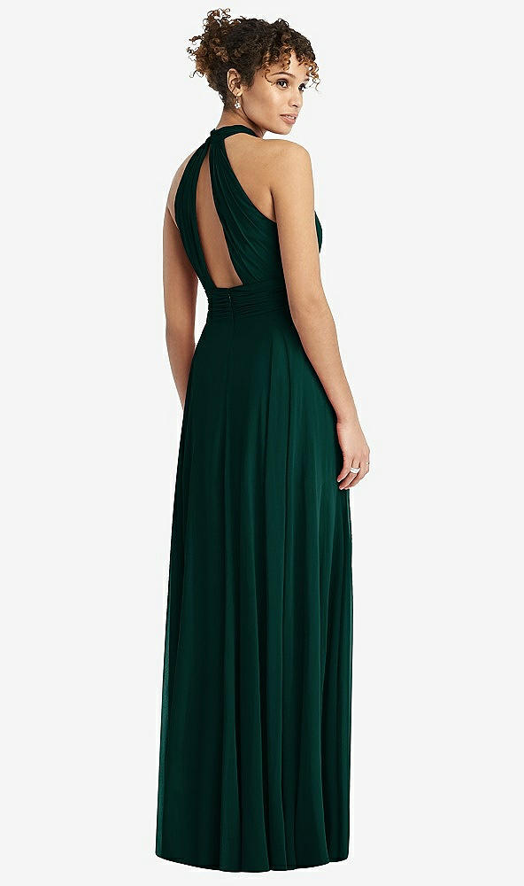 Back View - Evergreen High-Neck Open-Back Shirred Halter Maxi Dress