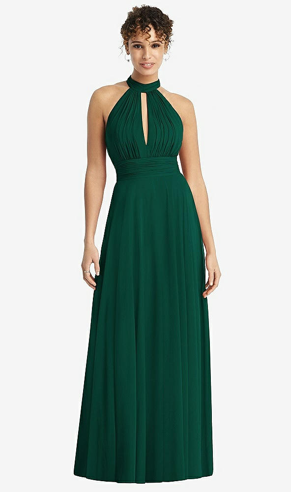 Front View - Hunter Green High-Neck Open-Back Shirred Halter Maxi Dress