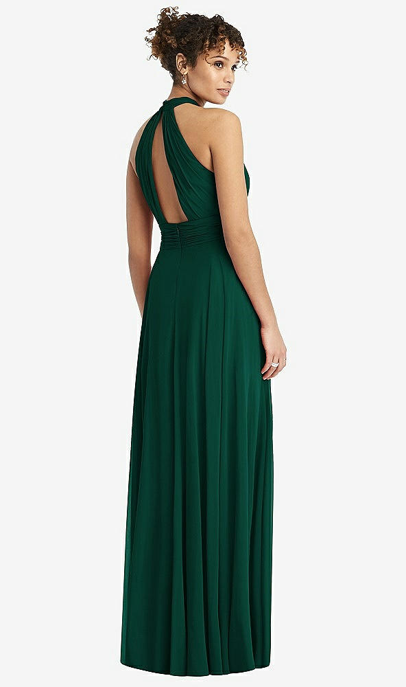 Back View - Hunter Green High-Neck Open-Back Shirred Halter Maxi Dress