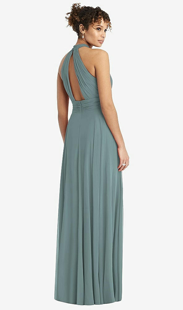 Back View - Icelandic High-Neck Open-Back Shirred Halter Maxi Dress