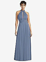 Front View Thumbnail - Larkspur Blue High-Neck Open-Back Shirred Halter Maxi Dress