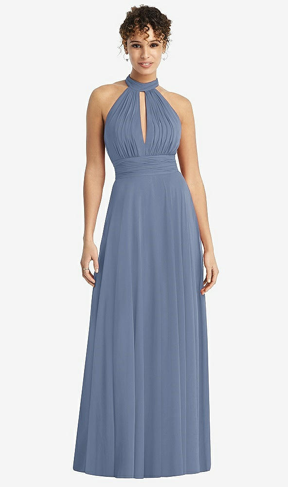 Front View - Larkspur Blue High-Neck Open-Back Shirred Halter Maxi Dress