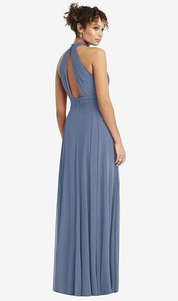 Back View - Larkspur Blue High-Neck Open-Back Shirred Halter Maxi Dress