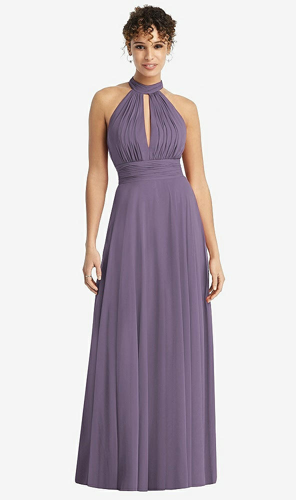 Front View - Lavender High-Neck Open-Back Shirred Halter Maxi Dress