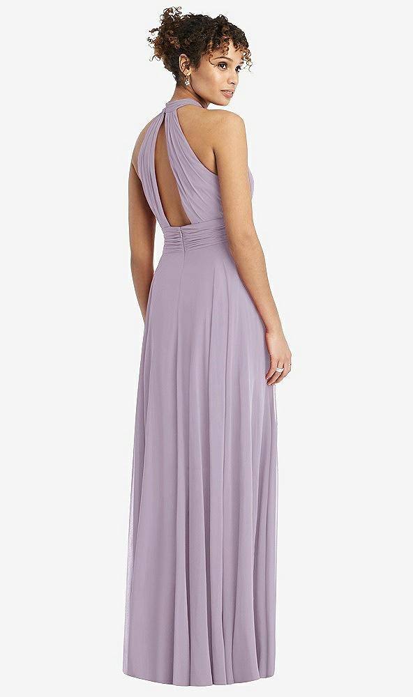 Back View - Lilac Haze High-Neck Open-Back Shirred Halter Maxi Dress