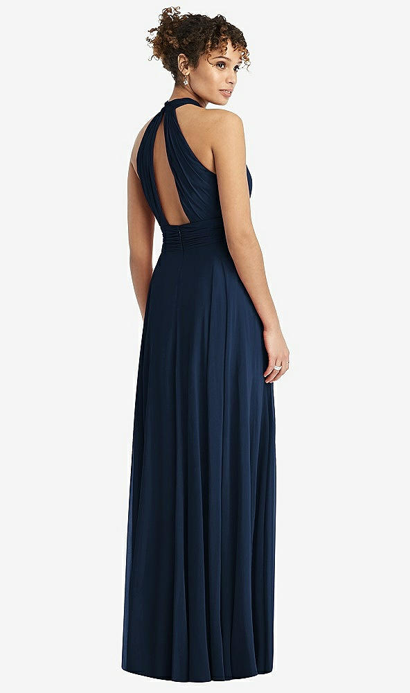 Back View - Midnight Navy High-Neck Open-Back Shirred Halter Maxi Dress