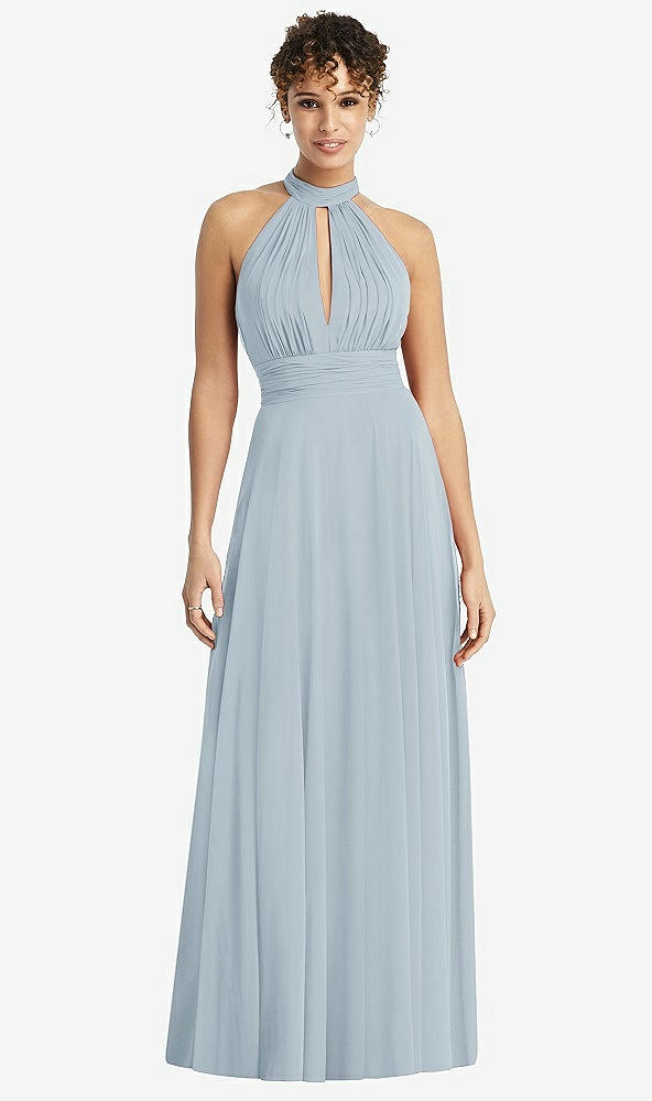 Front View - Mist High-Neck Open-Back Shirred Halter Maxi Dress