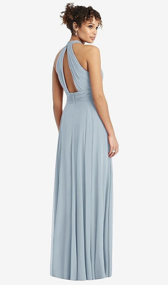 Back View - Mist High-Neck Open-Back Shirred Halter Maxi Dress