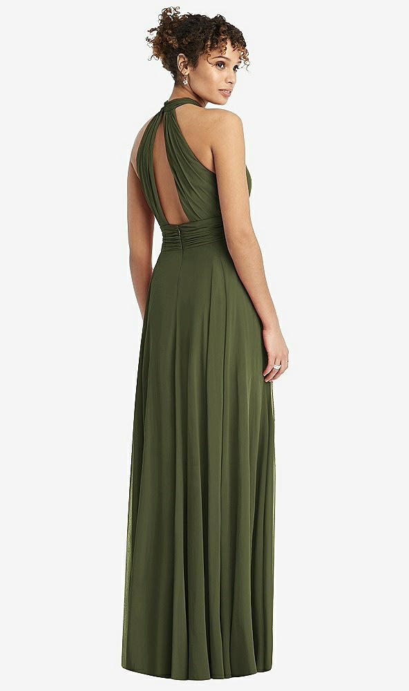 Back View - Olive Green High-Neck Open-Back Shirred Halter Maxi Dress