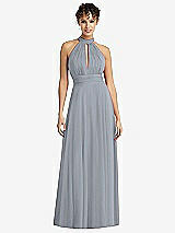 Front View Thumbnail - Platinum High-Neck Open-Back Shirred Halter Maxi Dress