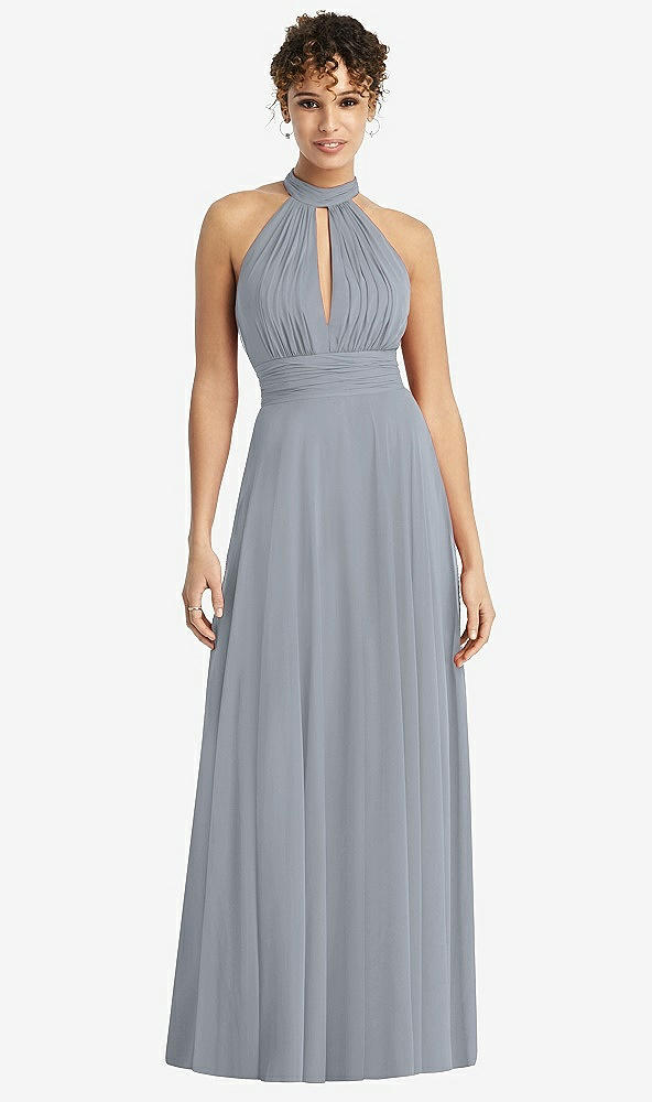 Front View - Platinum High-Neck Open-Back Shirred Halter Maxi Dress