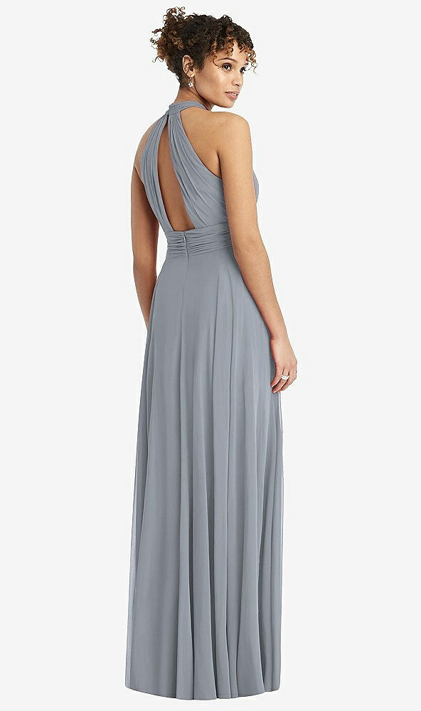 Back View - Platinum High-Neck Open-Back Shirred Halter Maxi Dress