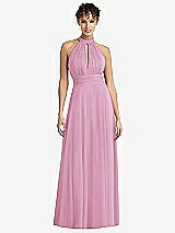 Front View Thumbnail - Powder Pink High-Neck Open-Back Shirred Halter Maxi Dress