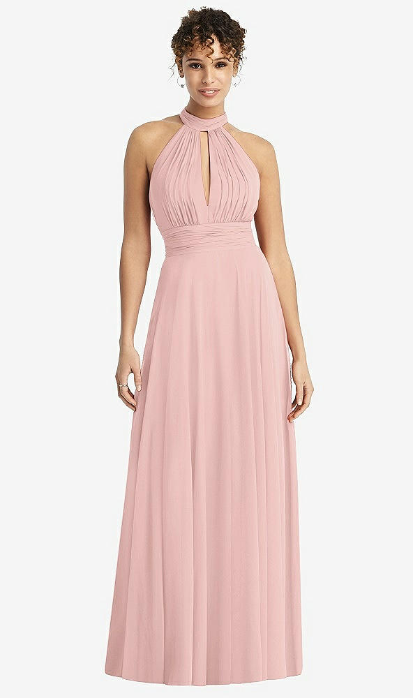 Front View - Rose - PANTONE Rose Quartz High-Neck Open-Back Shirred Halter Maxi Dress