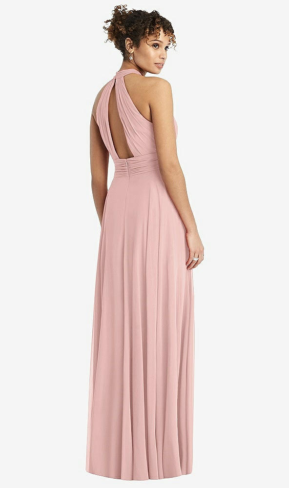 Back View - Rose - PANTONE Rose Quartz High-Neck Open-Back Shirred Halter Maxi Dress