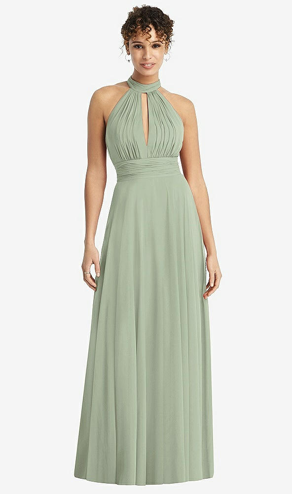 Front View - Sage High-Neck Open-Back Shirred Halter Maxi Dress