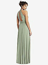 Rear View Thumbnail - Sage High-Neck Open-Back Shirred Halter Maxi Dress