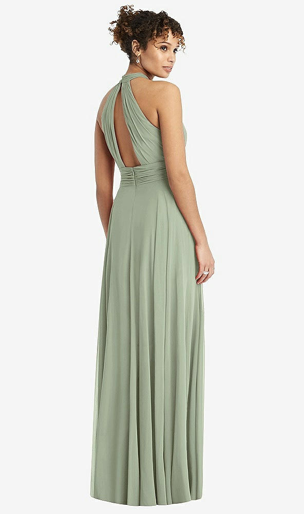 Back View - Sage High-Neck Open-Back Shirred Halter Maxi Dress