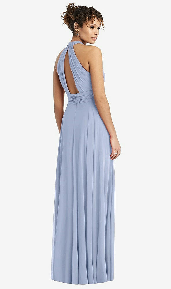 Back View - Sky Blue High-Neck Open-Back Shirred Halter Maxi Dress