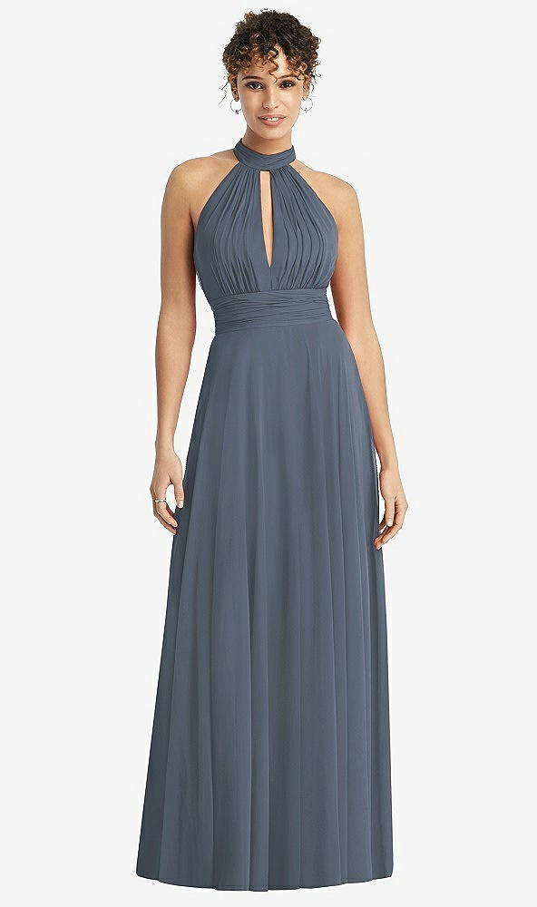 Front View - Silverstone High-Neck Open-Back Shirred Halter Maxi Dress