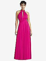 Front View Thumbnail - Think Pink High-Neck Open-Back Shirred Halter Maxi Dress