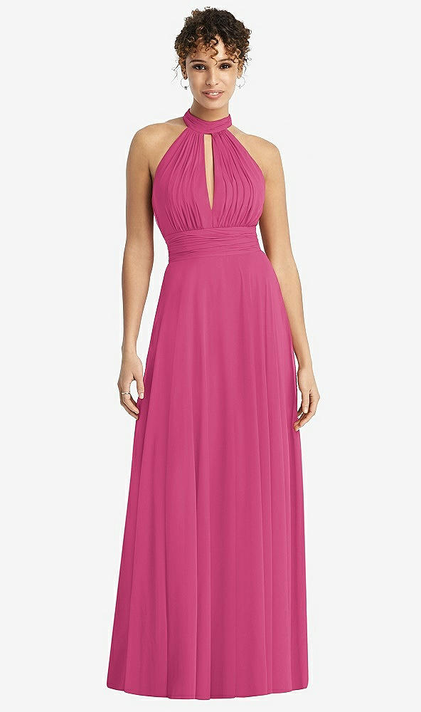 Front View - Tea Rose High-Neck Open-Back Shirred Halter Maxi Dress