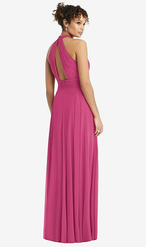 Back View - Tea Rose High-Neck Open-Back Shirred Halter Maxi Dress