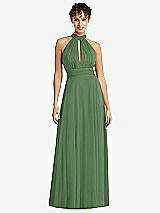 Front View Thumbnail - Vineyard Green High-Neck Open-Back Shirred Halter Maxi Dress