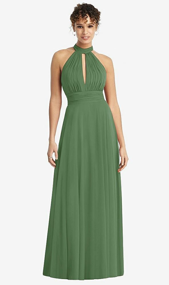 Front View - Vineyard Green High-Neck Open-Back Shirred Halter Maxi Dress