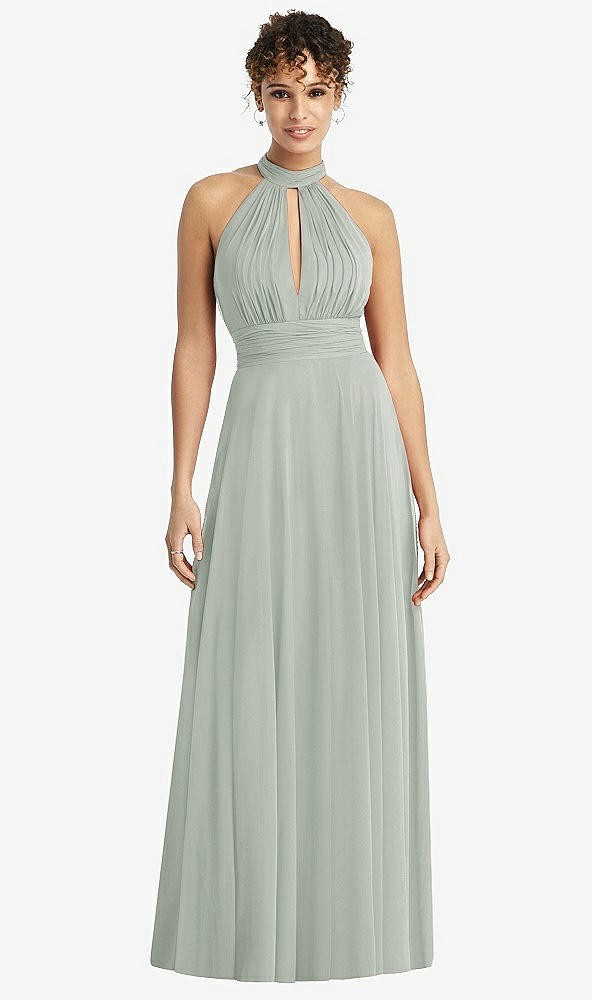 Front View - Willow Green High-Neck Open-Back Shirred Halter Maxi Dress