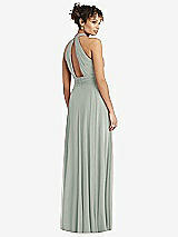 Rear View Thumbnail - Willow Green High-Neck Open-Back Shirred Halter Maxi Dress