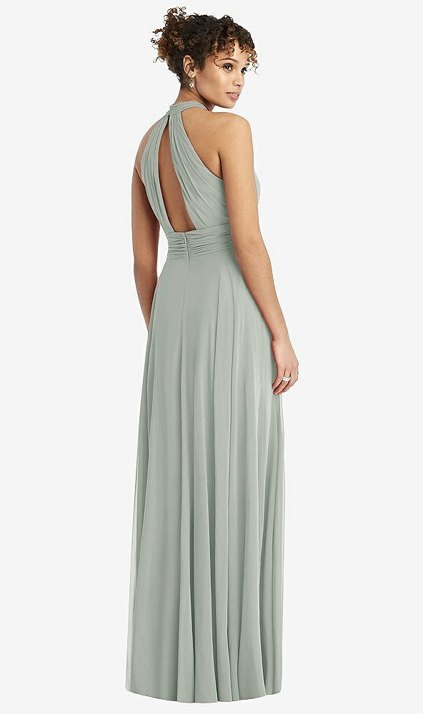 Back View - Willow Green High-Neck Open-Back Shirred Halter Maxi Dress